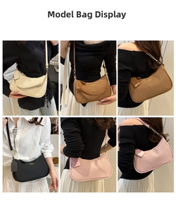Collage of chic woven crescent bags in beige brown black and pink colors