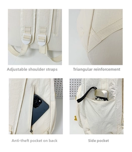 Detail view of adjustable straps and hidden anti-theft pocket on cream white backpack