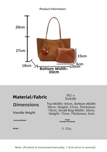 Detailed size chart for the suede tote bag showing dimensions and PU material specs