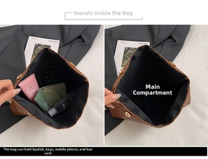 Vue détaillée de l'intérieur d'un sac à main marron tressé avec grand compartiment
