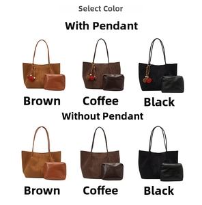 Detail view of suede tote bag sets including inner pouches in brown, coffee and black