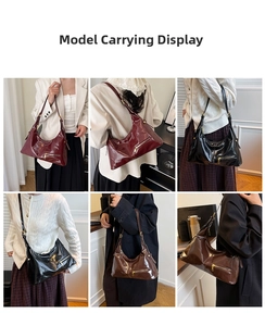 Three colors of minimalist glossy PU shoulder bags shown on model for daily commuting style