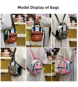 Mini color-block backpack shown in various carrying styles with dual handles and zippers