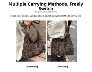 Détail du sac cabas léopard montrant plusieurs façons de le porter à la main ou à l'épaule