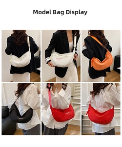 Grid view of vibrant nylon crescent crossbody bags in red, black, and orange colors