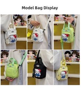 Detail of cute mini square crossbody bags with clear window and plush character inside