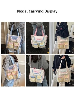 Detailed view of color-block canvas tote bag featuring multiple pockets and macaron colors