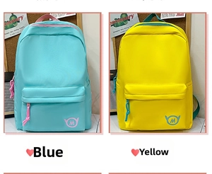 Dual view of blue and yellow canvas backpacks with contrast zippers for school students