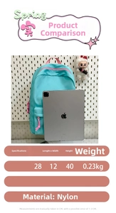 Size specifications for the blue nylon backpack showing 28x12x40cm dimensions