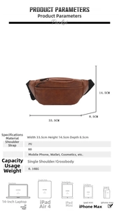 Detailed dimensions of brown PU leather crossbody chest bag for women in 33.5x14.5x8.5cm