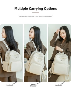 Versatile beige backpack showing three carrying modes: backpack, shoulder, and handbag styles