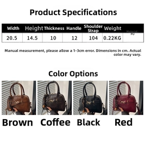 Size chart and specifications for vintage PU leather shell bag in four classic colors