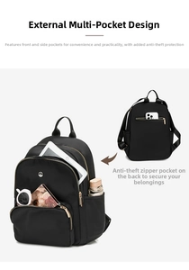 Detail view of black multi-pocket backpack showing anti-theft back pocket and storage space