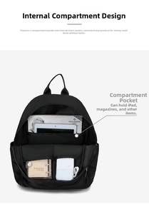 Detail showing internal pocket design and multi-compartment storage of black nylon backpack