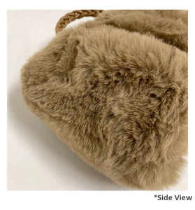 Side view of dark brown plush cloud bag showing thick faux fur texture and woven leather strap