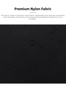 Macro detail of waterproof nylon fabric with water droplets on black commuter backpack