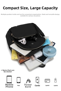 Top view of large capacity black nylon backpack interior showing multi-pocket storage