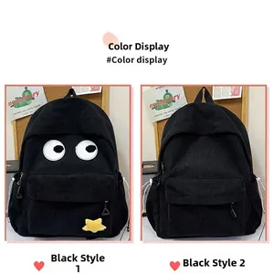 Detail view of two black corduroy backpacks featuring star decor and minimalist styles