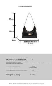 Detailed dimension chart showing a black hobo bag with adjustable strap and gold hardware