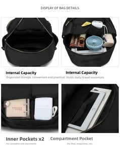 Detail view of large capacity black nylon backpack with multi-compartment interior storage