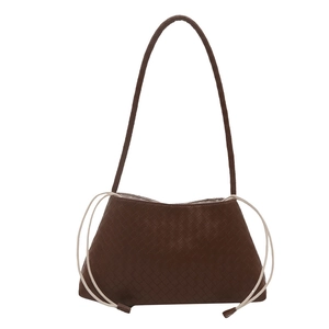 Dark brown woven leather shoulder bag with classic intrecciato weave and slim strap