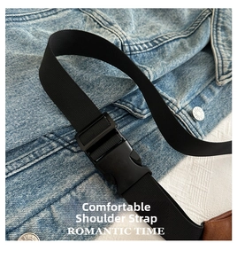 Close-up of adjustable black nylon strap with high-strength plastic buckle on denim jacket