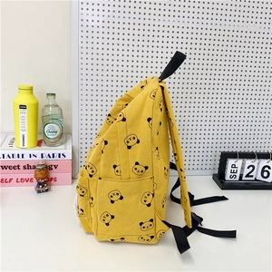 Zaino in velluto giallo stile giapponese con motivi a panda e tasche laterali