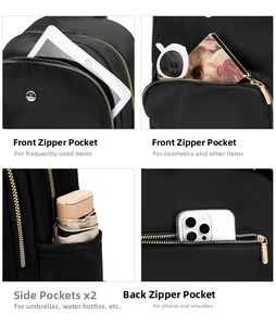 Detail view of multi-pocket storage including anti-theft back pocket and side compartments