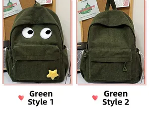 Detail view of dark green corduroy backpacks with cute embroidery and minimalist design