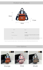Detailed spec sheet showing lightweight nylon bag dimensions 14x19x7.5cm and wear options