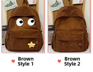 Detail of two brown corduroy backpacks featuring cartoon eyes and a minimalist design