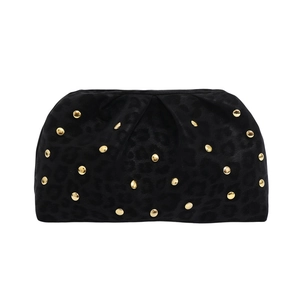 Chic black leopard print clutch bag with gold rivets and elegant pleated cloud design