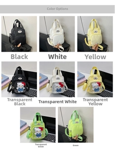 Collage of nylon crossbody bags in multiple colors with transparent display pockets