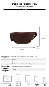 Detailed size chart for leopard print waist bag showing dimensions of 33.5x14.5x8.5 cm