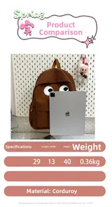 Size guide for corduroy backpack showing 29x13x40cm dimensions and iPad scale comparison