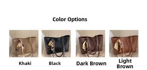 Detailed grid view of minimalist tote bags in four colors with decorative silk scarves
