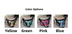 Four gradient dumpling shoulder bags in yellow, green, pink, and blue with FE logo