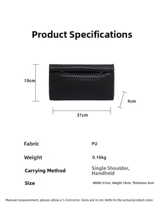 Tableau des tailles détaillé montrant les dimensions de la pochette en cuir PU tressé