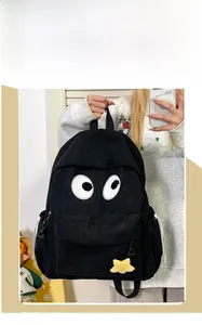 Detail of black corduroy backpack with large cartoon eyes and yellow star charm accessory