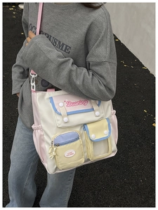 Detail of multi-pocket canvas shoulder bag with macaron color block design and embroidery
