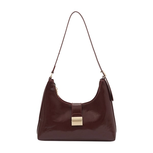 Minimalist wine red hobo bag in glossy patent leather with gold metallic buckle