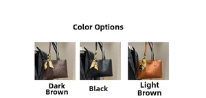 Detailed comparison of tote bags in dark brown, black, and light brown with silk scarf charm