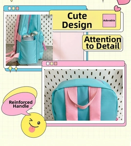 Detail of the blue backpack with reinforced handle and side pocket for water bottle