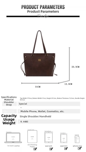 Detailed size specifications of the dark brown faux leather tote bag with dimensions