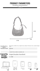 Detailed dimension guide for silver crescent shoulder bag with pleated handle and metallic finish