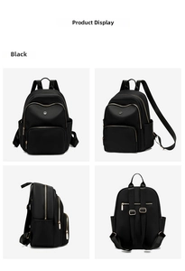 Detailed multi-angle views of a black nylon backpack with golden zippers and side pockets