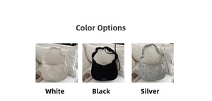 Detailed comparison of white, black, and silver ruched shoulder bags in crescent shape