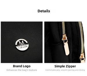 Detail of high-density black nylon fabric with golden polished zippers and M logo