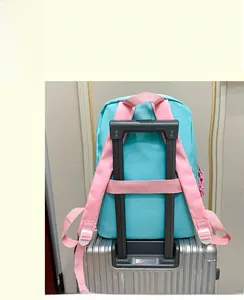 Detail showing the trolley sleeve on the back of a blue and pink nylon backpack for travel