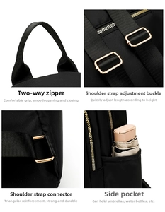 Detail of dual zippers, golden hardware buckles, and side pockets on a black backpack